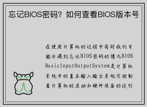 忘记BIOS密码？如何查看BIOS版本号
